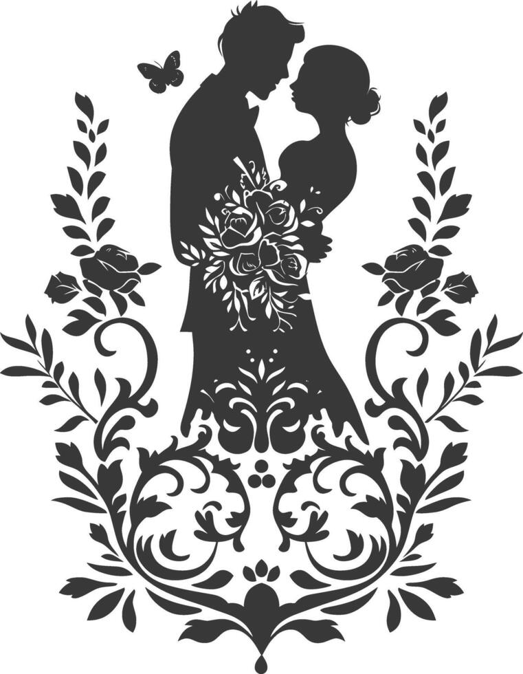 AI generated Silhouette elements of the bride and groom for wedding invitations are black only vector