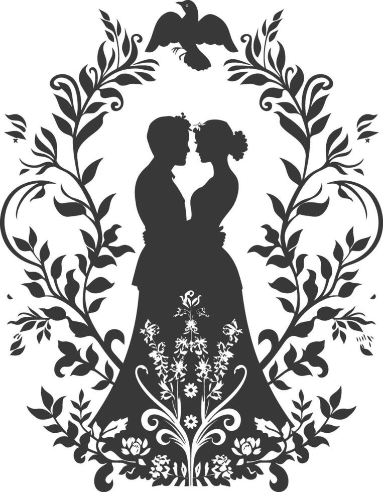 AI generated Silhouette elements of the bride and groom for wedding invitations are black only vector