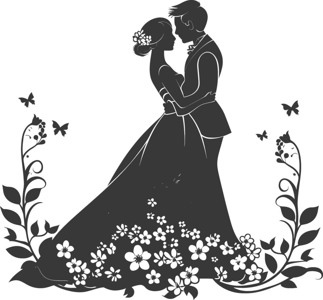 AI generated Silhouette elements of the bride and groom for wedding invitations are black only vector