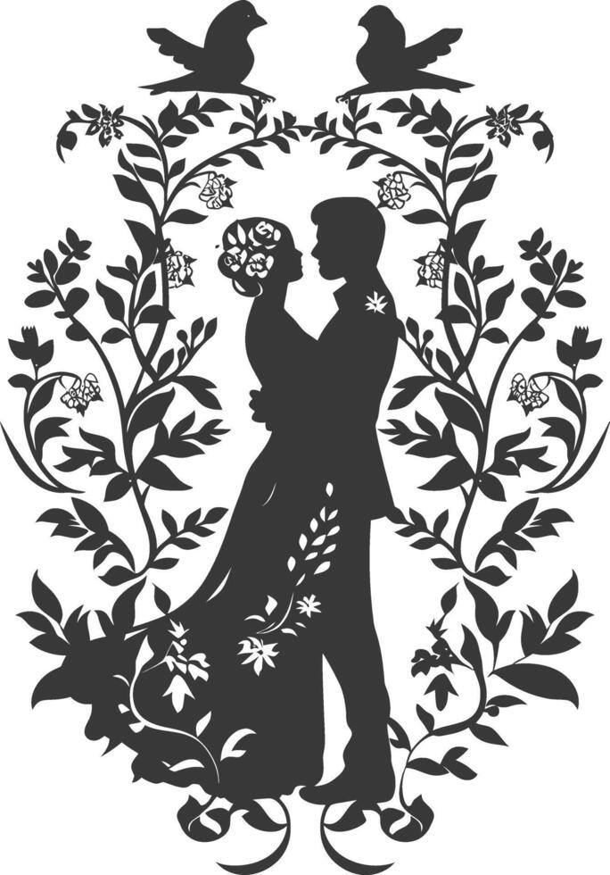 AI generated Silhouette elements of the bride and groom for wedding invitations are black only vector