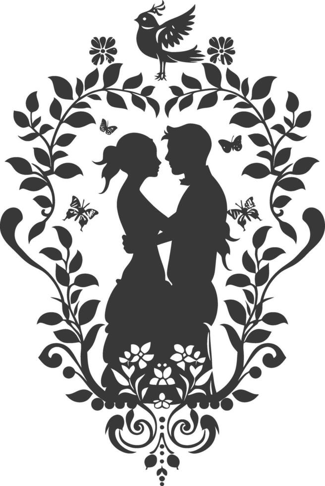 AI generated Silhouette elements of the bride and groom for wedding invitations are black only vector