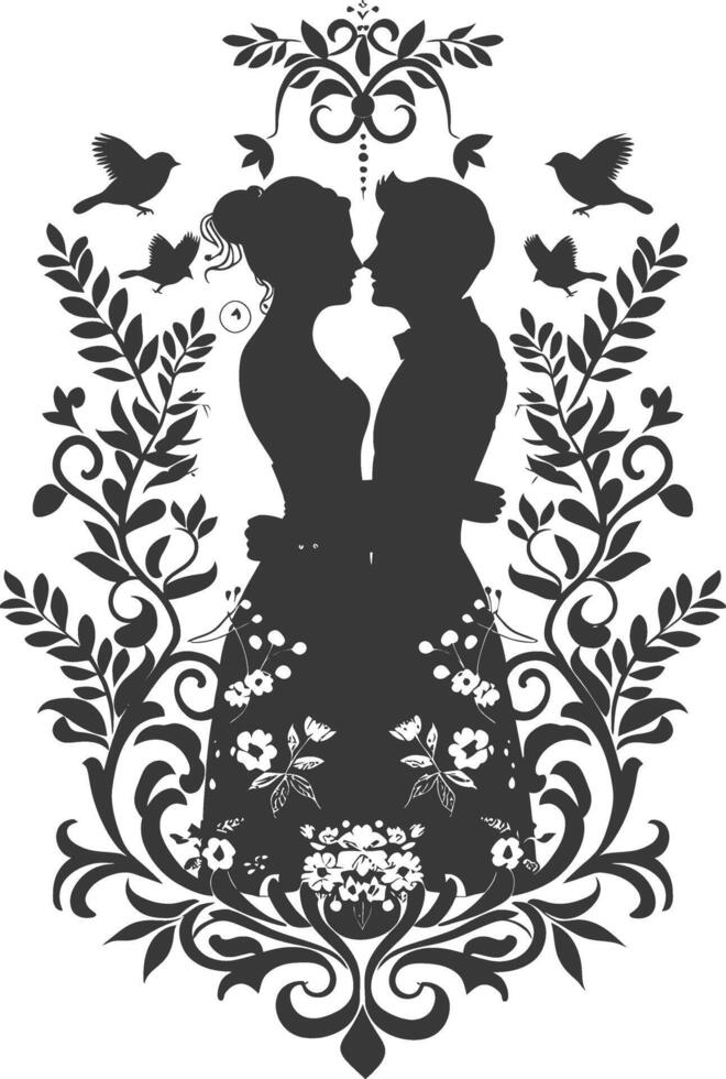 AI generated Silhouette elements of the bride and groom for wedding invitations are black only vector