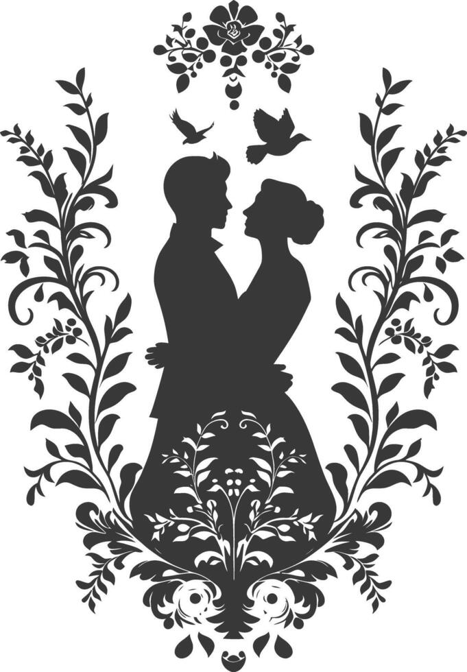 AI generated Silhouette elements of the bride and groom for wedding invitations are black only vector