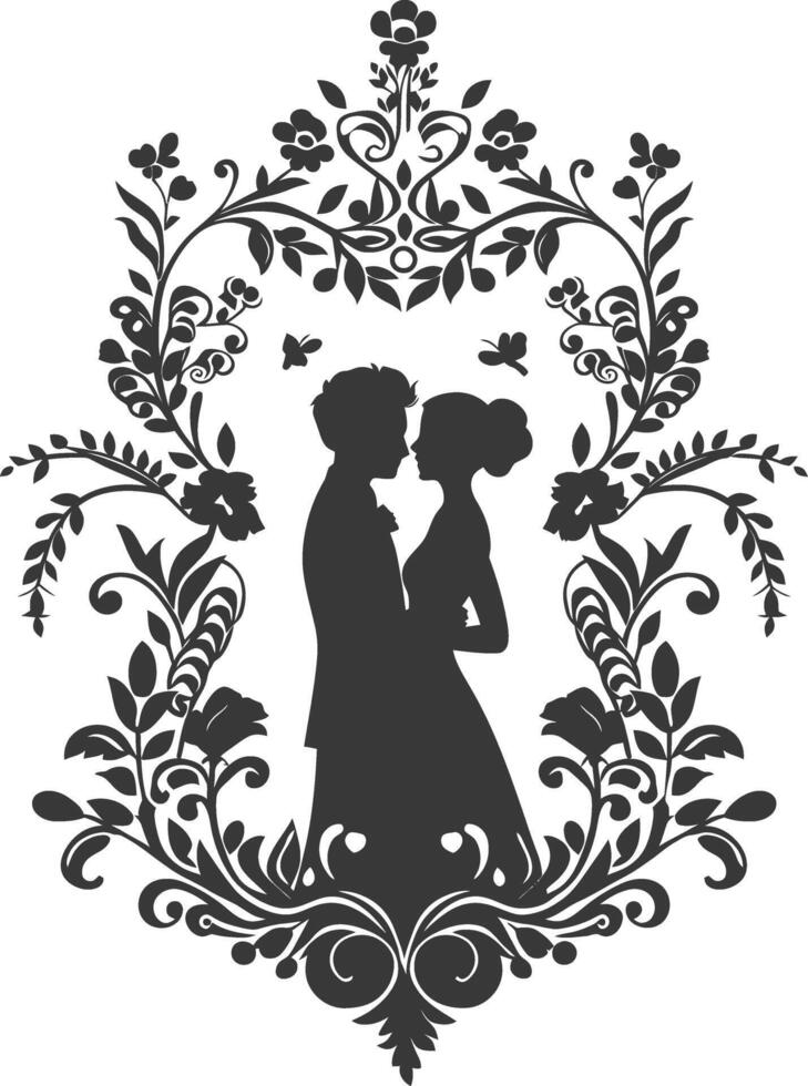 AI generated Silhouette elements of the bride and groom for wedding invitations are black only vector