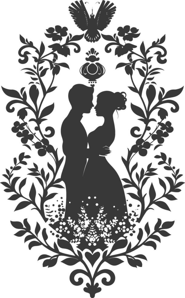 AI generated Silhouette elements of the bride and groom for wedding invitations are black only vector