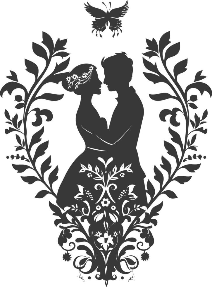 AI generated Silhouette elements of the bride and groom for wedding invitations are black only vector