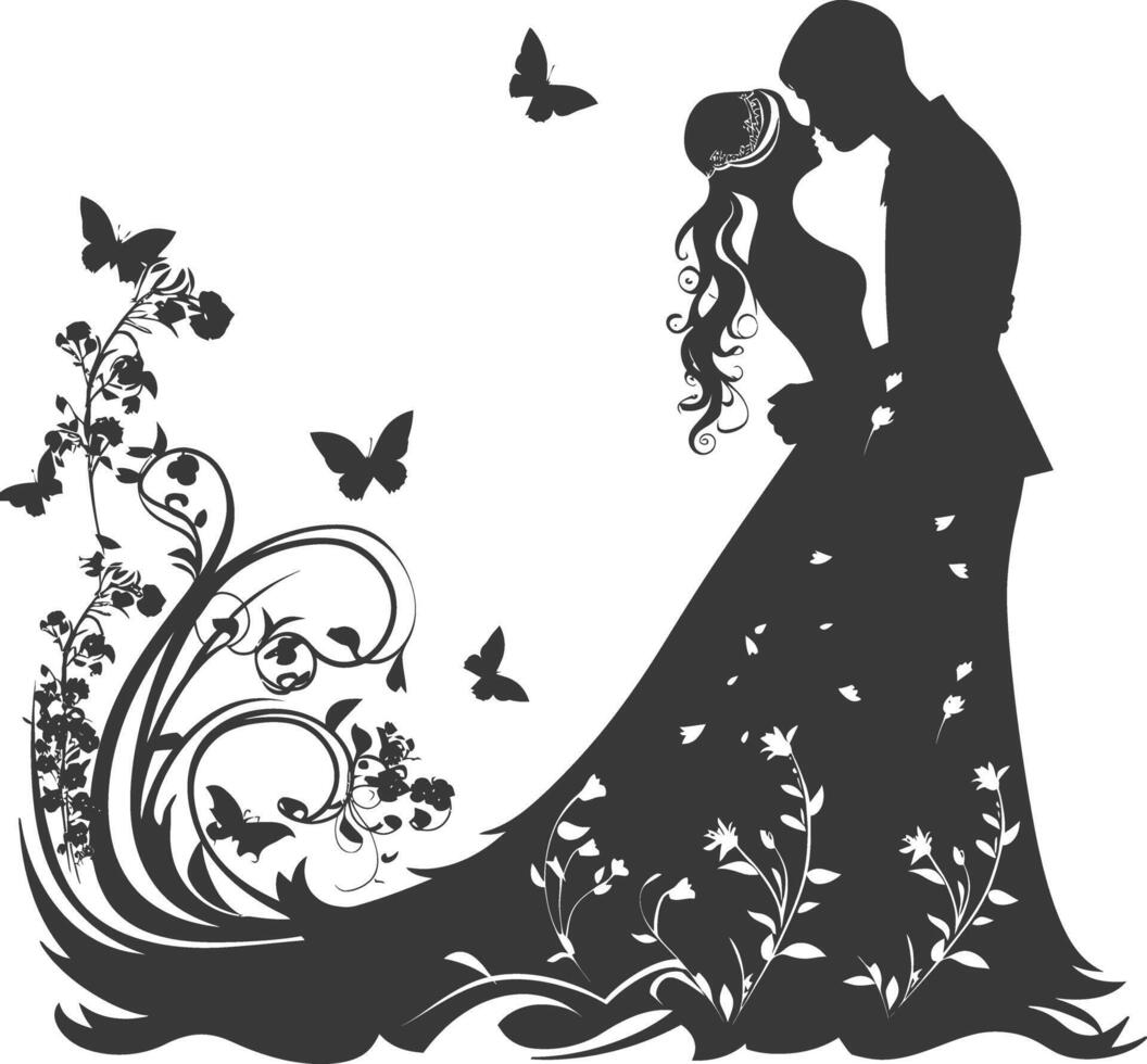 AI generated Silhouette elements of the bride and groom for wedding invitations are black only vector