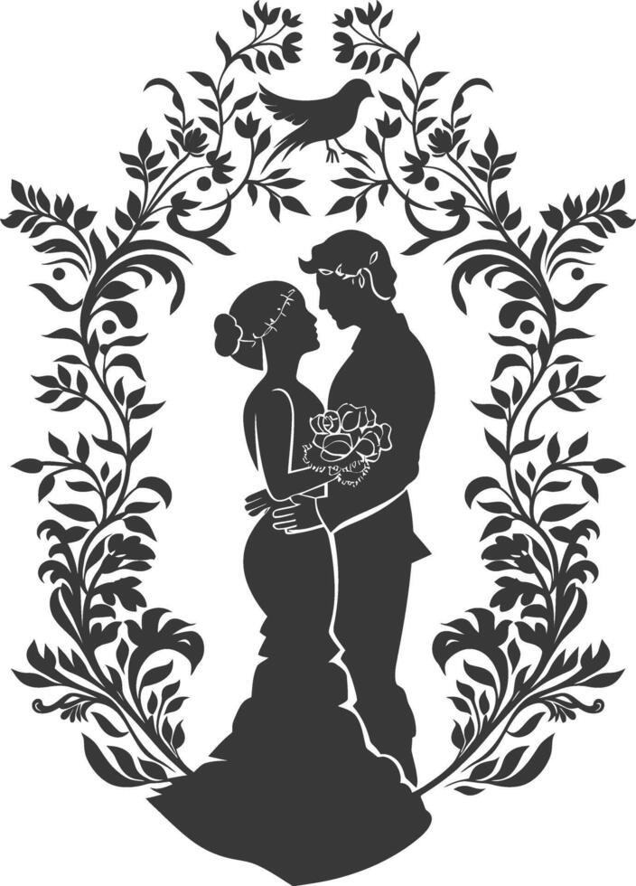 AI generated Silhouette elements of the bride and groom for wedding invitations are black only vector