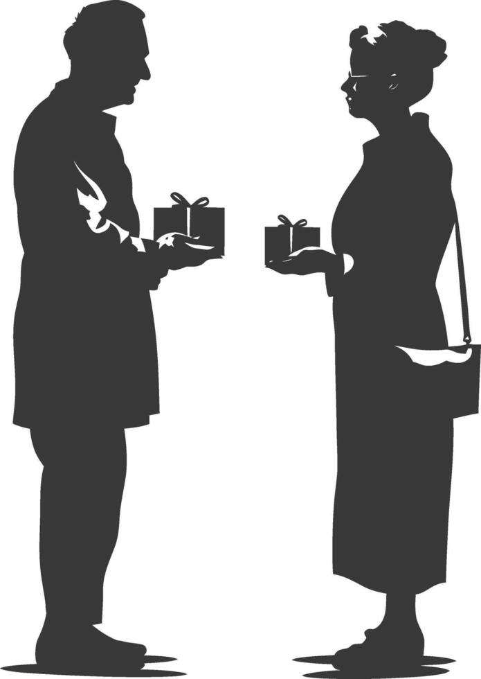 AI generated Silhouette elderly couple exchanging gifts black color only vector