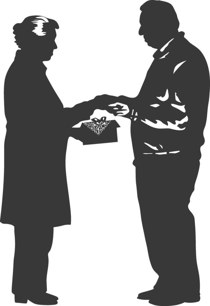 AI generated Silhouette elderly couple exchanging gifts black color only vector