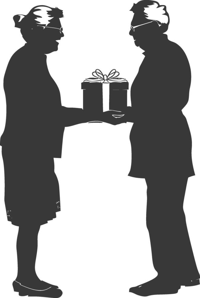 AI generated Silhouette elderly couple exchanging gifts black color only vector