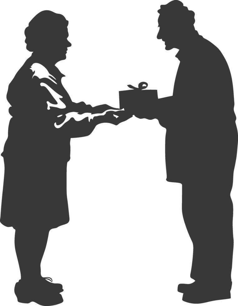 AI generated Silhouette elderly couple exchanging gifts black color only vector