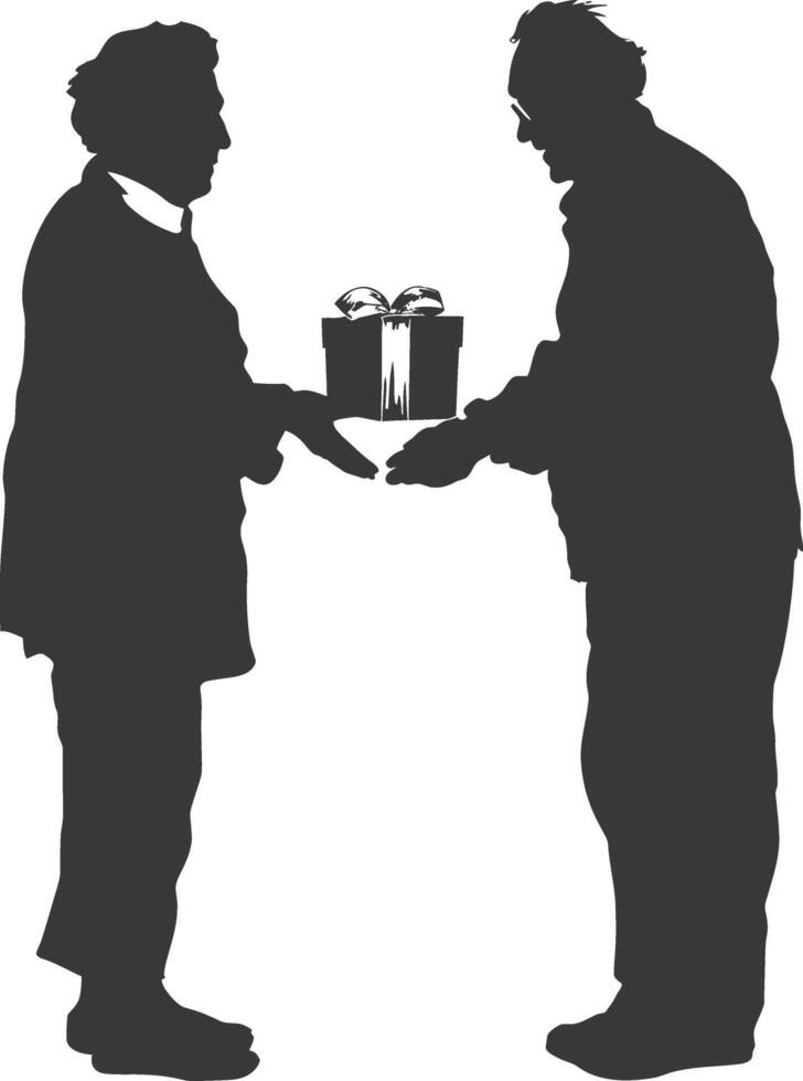 AI generated Silhouette elderly couple exchanging gifts black color only vector