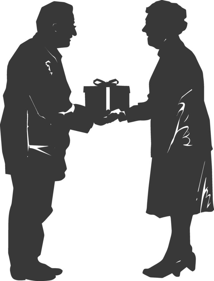 AI generated Silhouette elderly couple exchanging gifts black color only vector