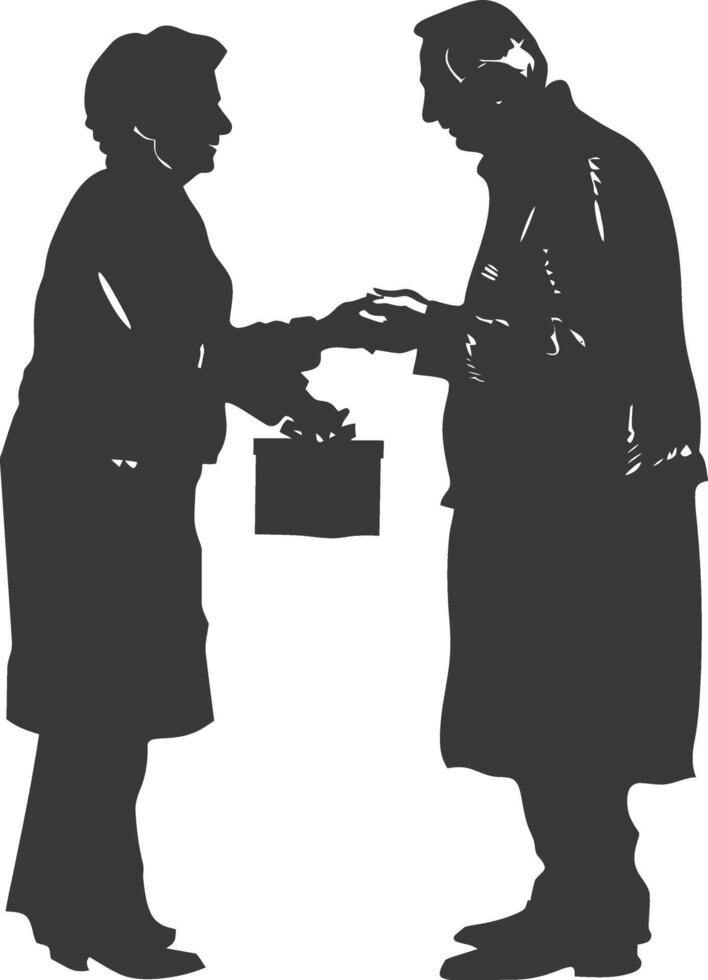 AI generated Silhouette elderly couple exchanging gifts black color only vector