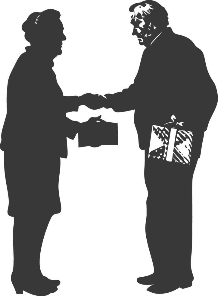 AI generated Silhouette elderly couple exchanging gifts black color only vector