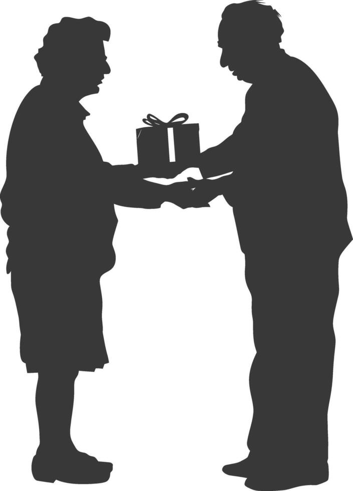 AI generated Silhouette elderly couple exchanging gifts black color only vector