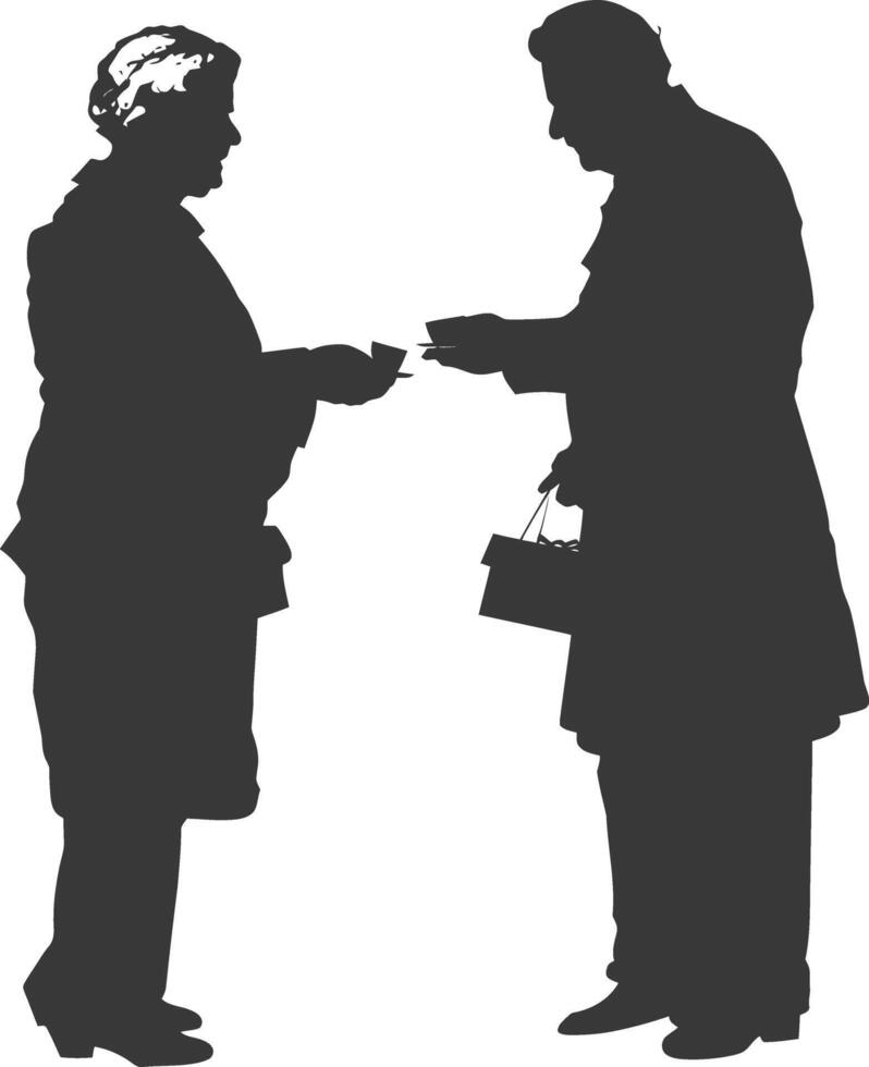 AI generated Silhouette elderly couple exchanging gifts black color only vector