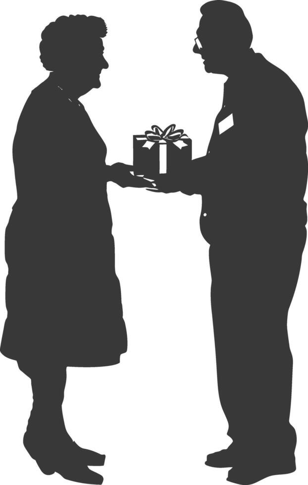 AI generated Silhouette elderly couple exchanging gifts black color only vector