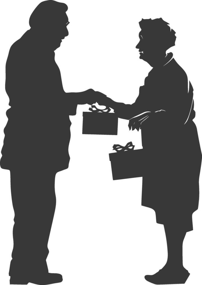 AI generated Silhouette elderly couple exchanging gifts black color only vector