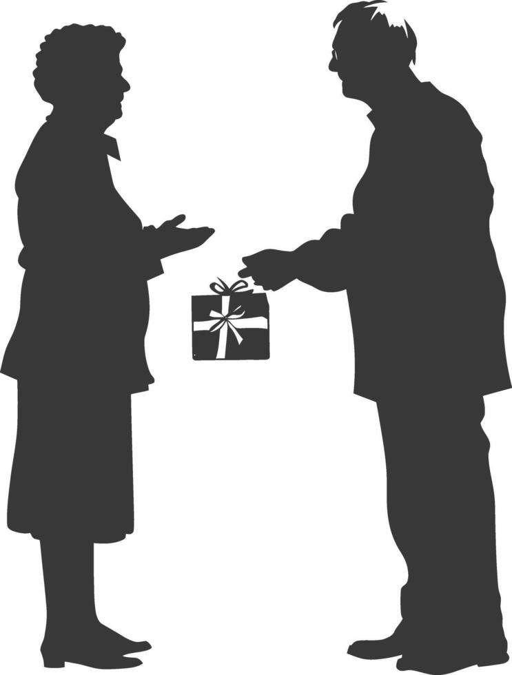 AI generated Silhouette elderly couple exchanging gifts black color only vector