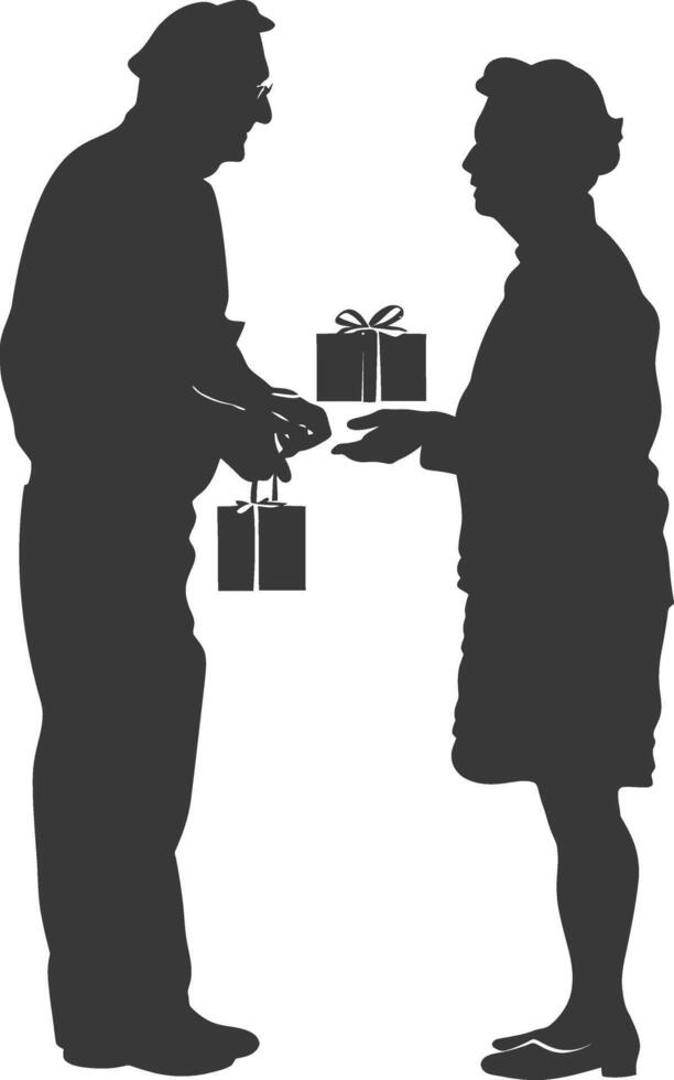 AI generated Silhouette elderly couple exchanging gifts black color only vector