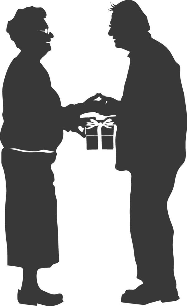 AI generated Silhouette elderly couple exchanging gifts black color only vector