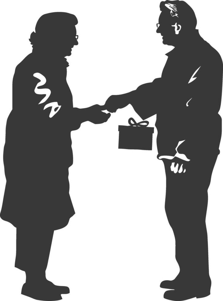AI generated Silhouette elderly couple exchanging gifts black color only vector
