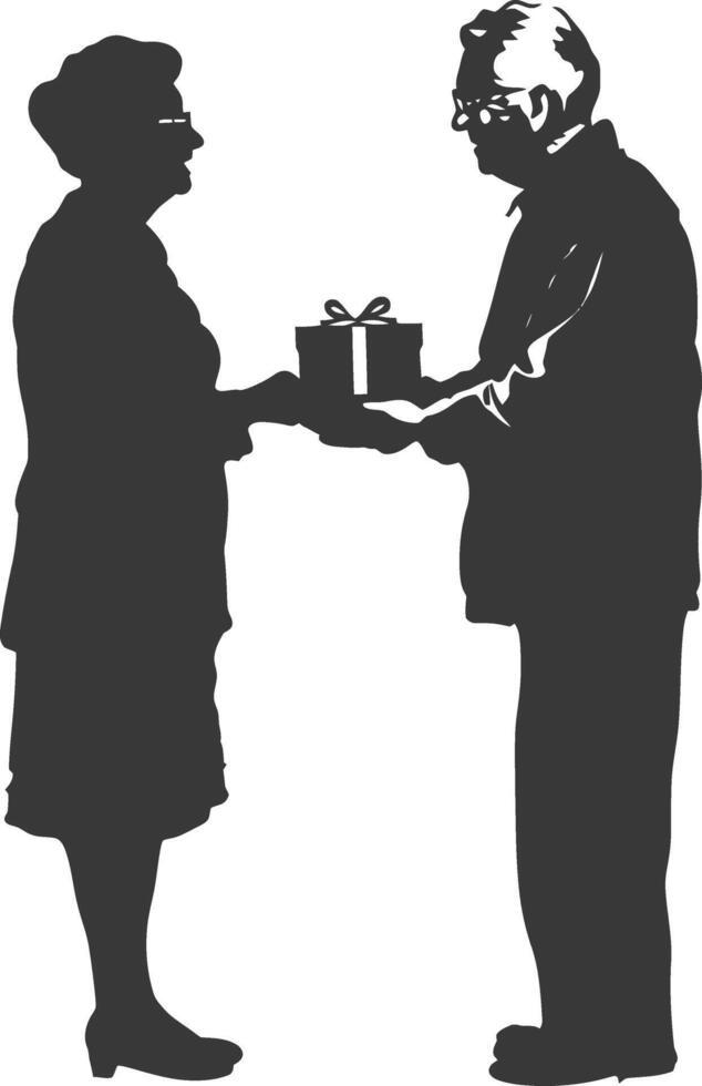 AI generated Silhouette elderly couple exchanging gifts black color only vector