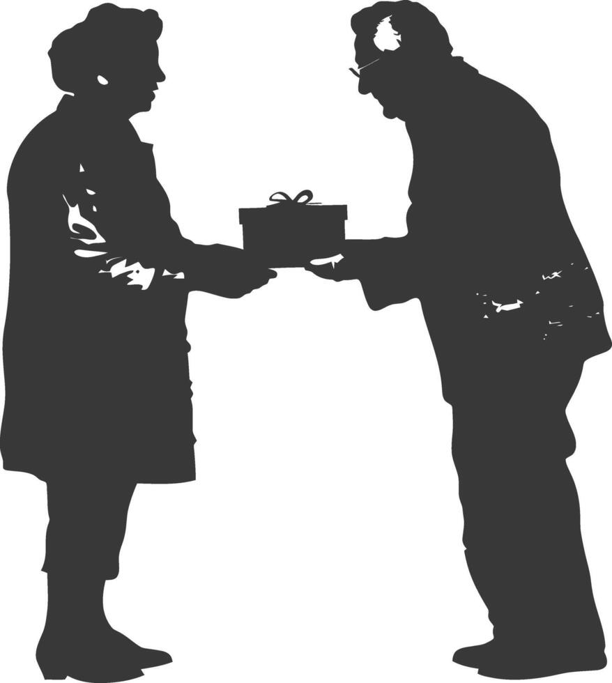 AI generated Silhouette elderly couple exchanging gifts black color only vector