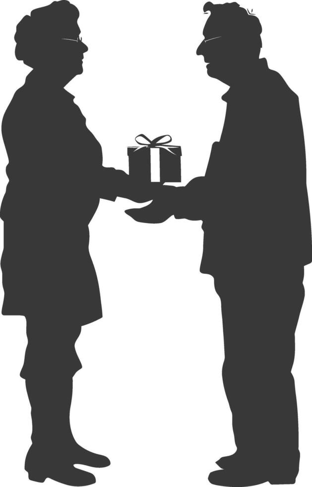 AI generated Silhouette elderly couple exchanging gifts black color only vector