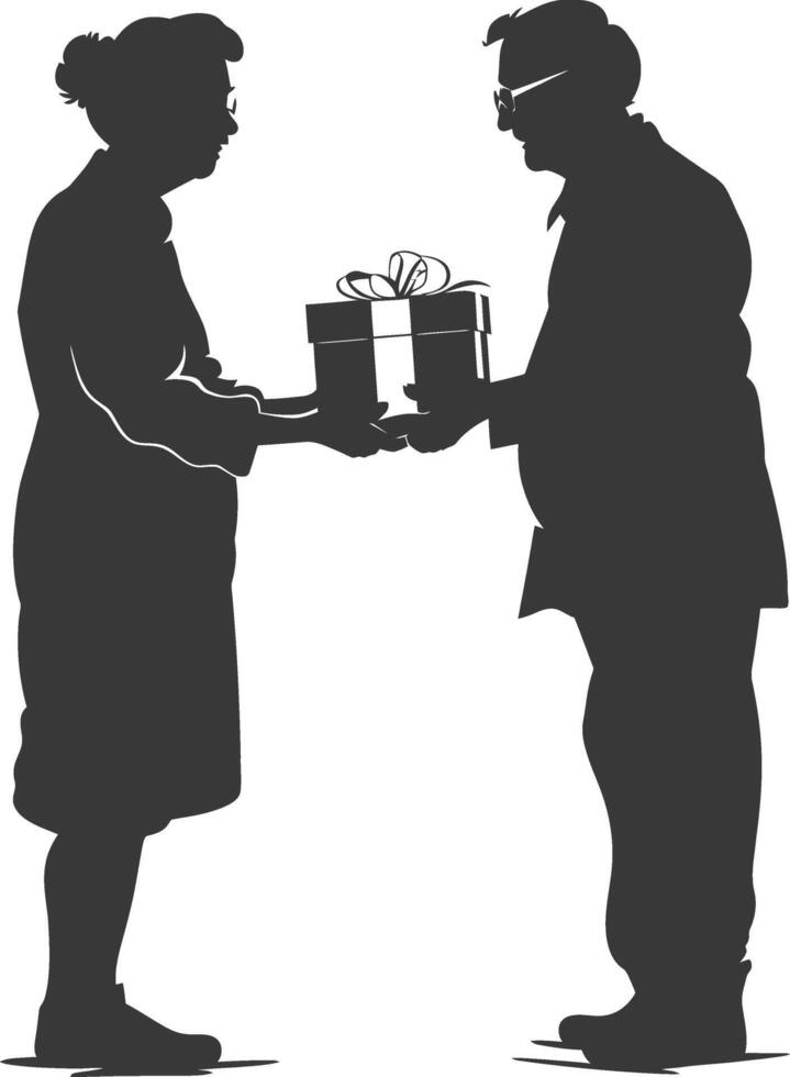 AI generated Silhouette elderly couple exchanging gifts black color only vector