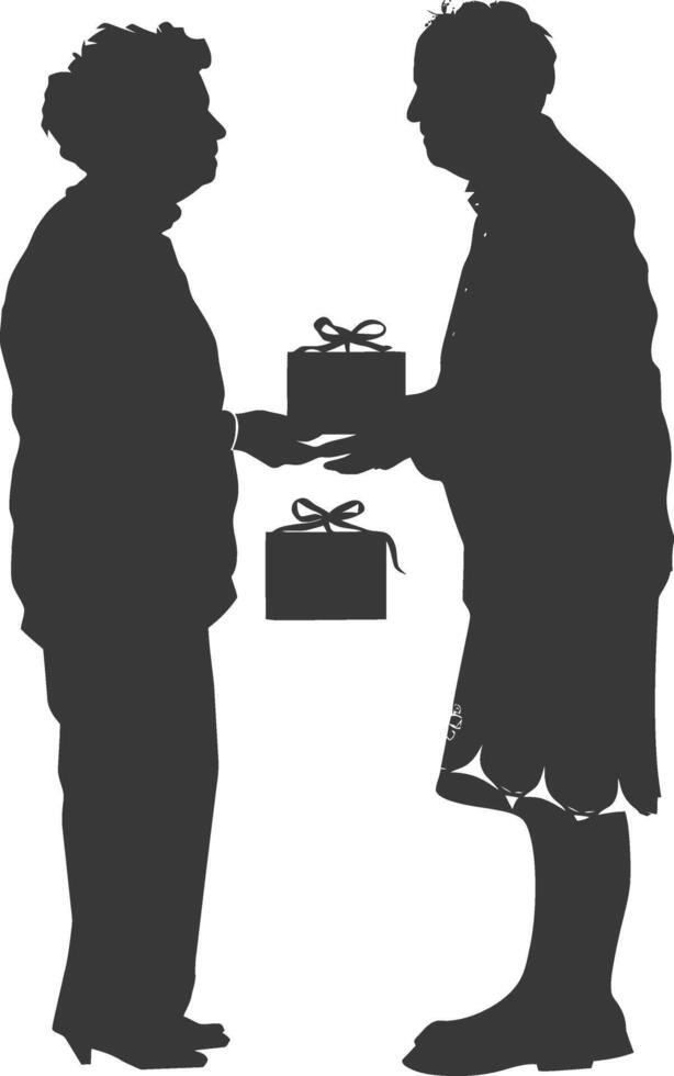 AI generated Silhouette elderly couple exchanging gifts black color only vector