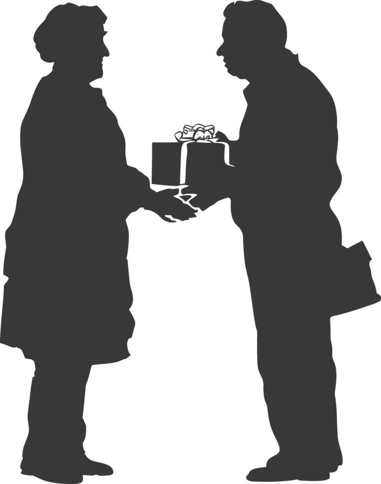 AI generated Silhouette elderly couple exchanging gifts black color only vector