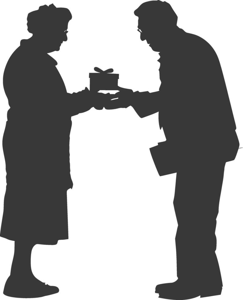 AI generated Silhouette elderly couple exchanging gifts black color only vector