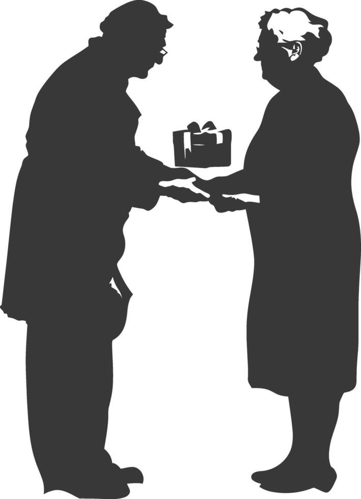 AI generated Silhouette elderly couple exchanging gifts black color only vector