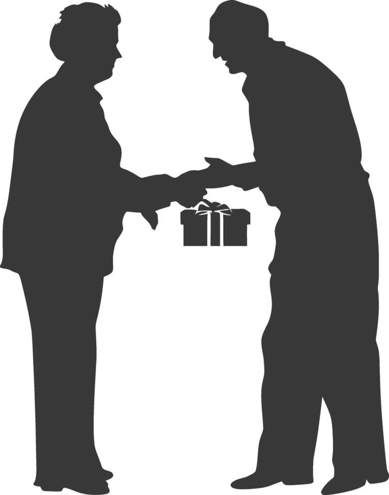 AI generated Silhouette elderly couple exchanging gifts black color only vector