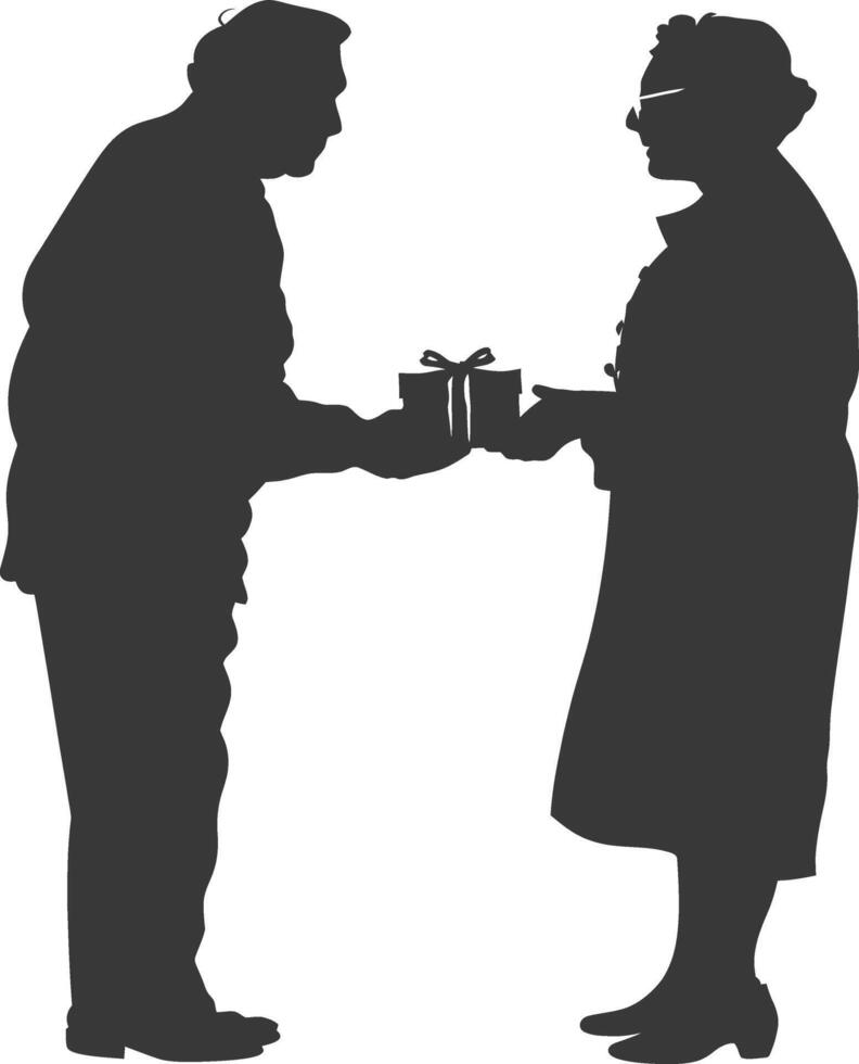 AI generated Silhouette elderly couple exchanging gifts black color only vector