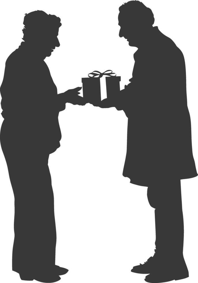 AI generated Silhouette elderly couple exchanging gifts black color only vector