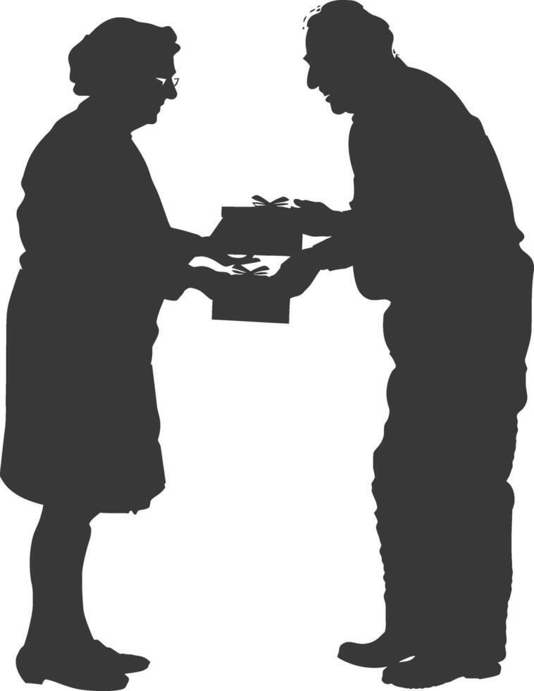 AI generated Silhouette elderly couple exchanging gifts black color only vector