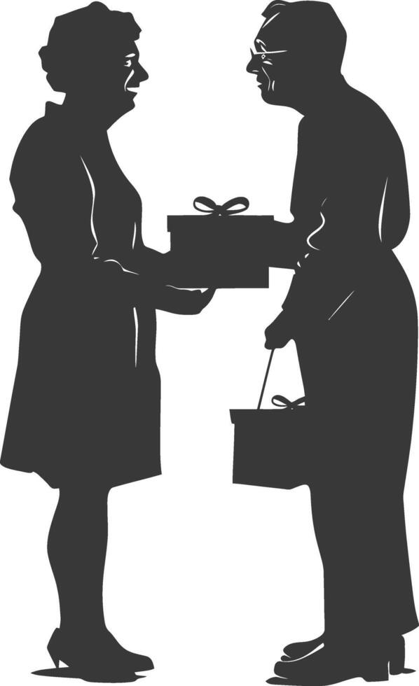 AI generated Silhouette elderly couple exchanging gifts black color only vector