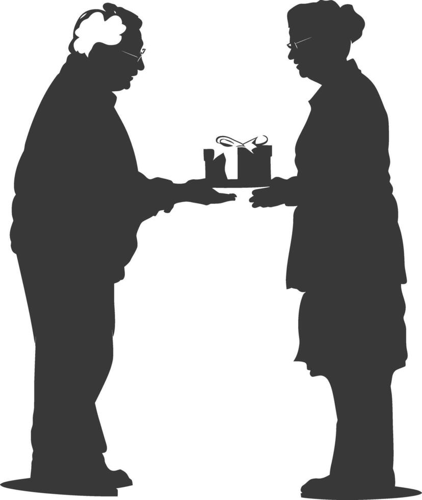 AI generated Silhouette elderly couple exchanging gifts black color only vector