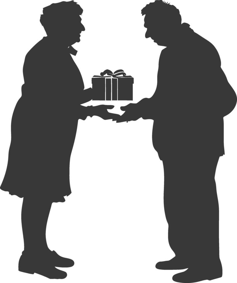 AI generated Silhouette elderly couple exchanging gifts black color only vector