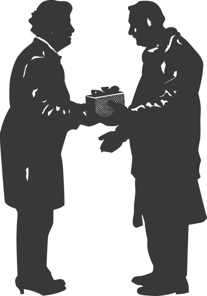 AI generated Silhouette elderly couple exchanging gifts black color only vector