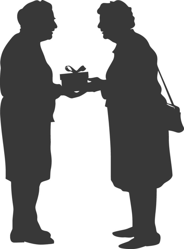 AI generated Silhouette elderly couple exchanging gifts black color only vector