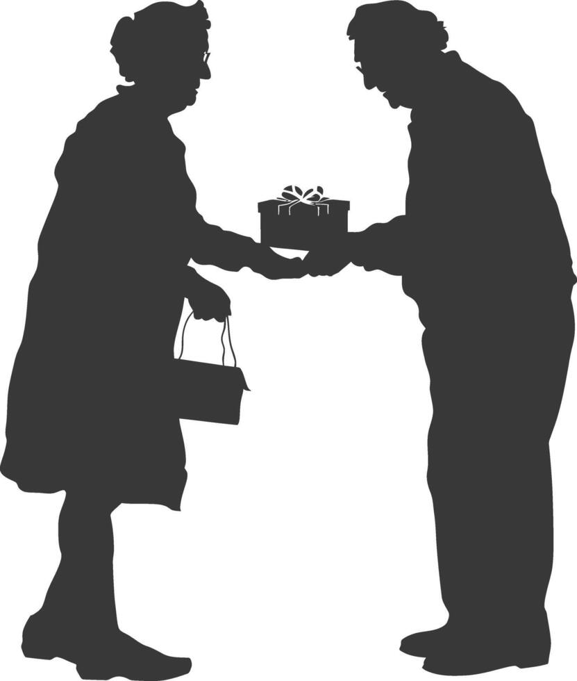 AI generated Silhouette elderly couple exchanging gifts black color only vector