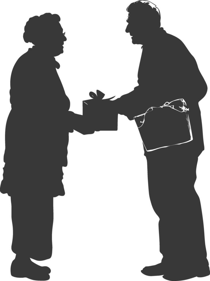 AI generated Silhouette elderly couple exchanging gifts black color only vector