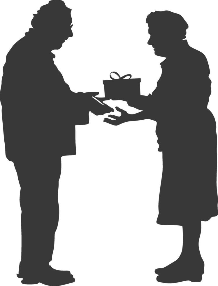 AI generated Silhouette elderly couple exchanging gifts black color only vector