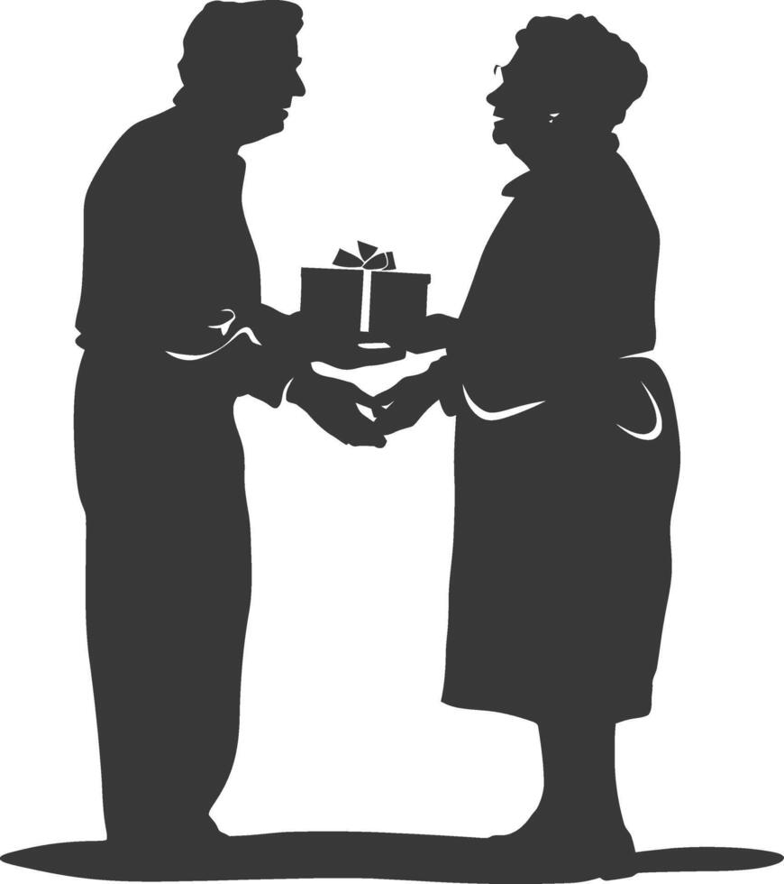 AI generated Silhouette elderly couple exchanging gifts black color only vector