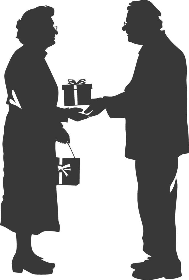 AI generated Silhouette elderly couple exchanging gifts black color only vector